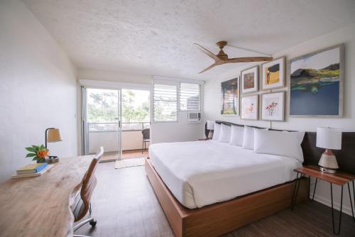 希洛SCP Hilo Hotel的一间卧室配有一张床、一张书桌和一个窗户。