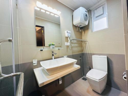 努沃勒埃利耶The Edge Luxury Apartment的一间带水槽、卫生间和镜子的浴室