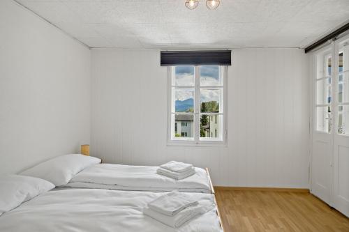 卢塞恩Erlen Rooms的带窗户的客房内的两张床