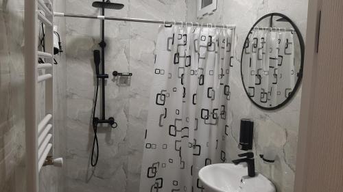 卡兹贝吉Terkhena的浴室配有淋浴帘和盥洗盆。