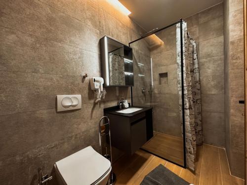圣金Aral Sea View Apartments & Suites的带淋浴、卫生间和盥洗盆的浴室