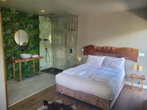 蓬蒂-达巴尔卡INFINITY HOUSES的一间卧室设有一张大床和淋浴