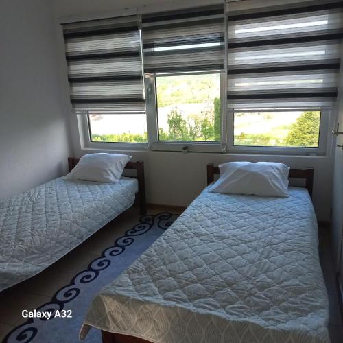 比哈奇Kuća za odmor Lohovo的带2扇窗户的客房内的2张床