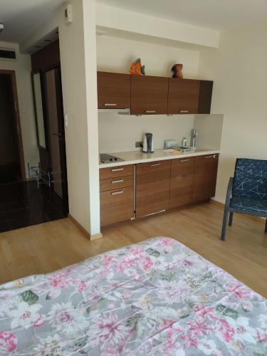 拉塔Apartament w Juracie的一个带木制橱柜的厨房和一张位于客房内的床