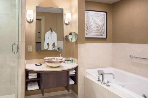 剑桥Sheraton Commander Hotel的浴室配有水槽、浴缸和淋浴