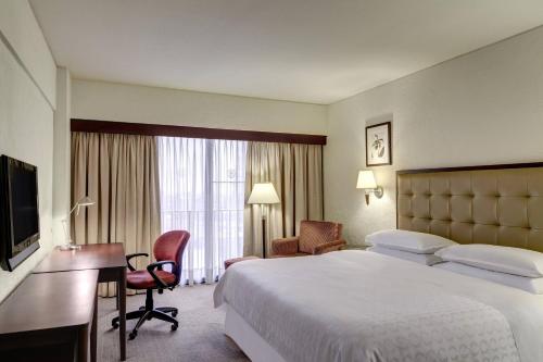 利马Sheraton Lima Historic Center的酒店客房配有一张床、一张书桌和一台电视。