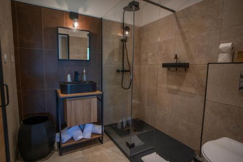 博尼法乔Résidence Casarina的一间带水槽和淋浴的浴室
