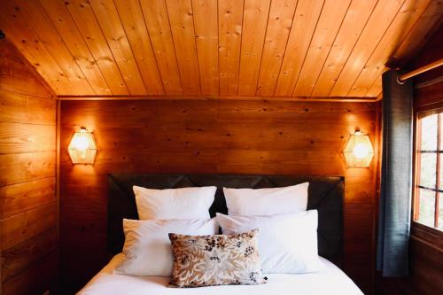 巴纽勒森林L’Hacienda Maison d’hôtes的一间卧室配有一张带木墙和两个灯的床