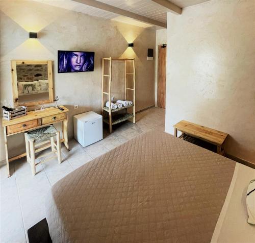 马尔马里Marmari Paradise Resort Hotel的一间卧室配有一张床、一张书桌和一面镜子