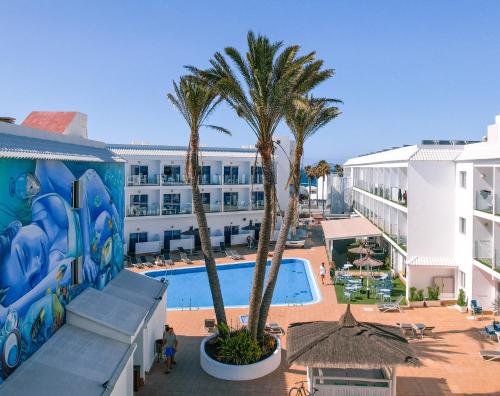 科拉雷侯Corralejo Surfing Colors Hotel&Apartments的棕榈树和游泳池的度假村空中景致