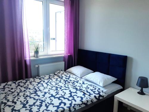 华沙Apartament Wawa的一间卧室配有一张床和一个带紫色窗帘的窗户