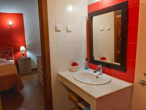 米诺斯-德-多米诺斯casa da Aldeia的一间带水槽和镜子的浴室以及一张床