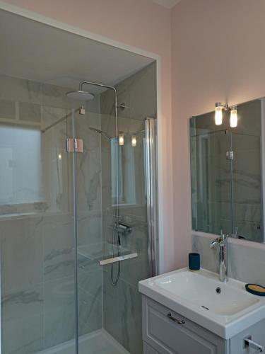 RochessonLa petite chouette的一间带玻璃淋浴和水槽的浴室