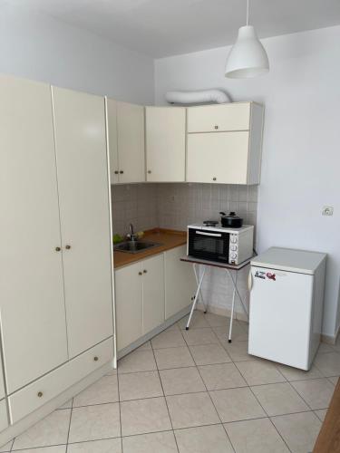 拉里萨Secret Oasis Aptms room1的厨房配有白色橱柜、水槽和微波炉