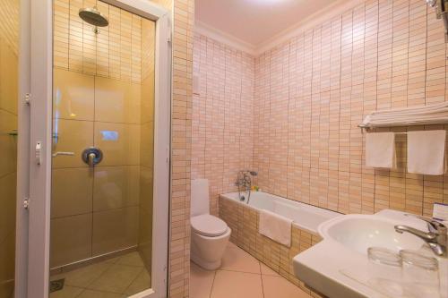 达累斯萨拉姆普罗蒂亚万怡酒店的浴室配有卫生间、盥洗盆和淋浴。