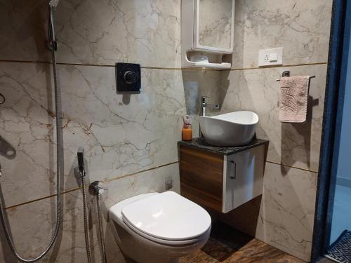 门格洛尔Manasvi的浴室配有卫生间、盥洗盆和淋浴。