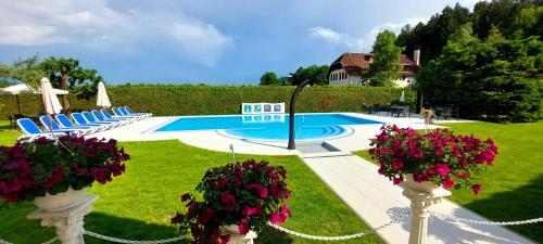拉多夫吉卡Sport Manca Garni Hotel的庭院内一个带椅子和鲜花的游泳池