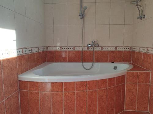 陶波尔曹Baross Apartman的带浴缸的瓷砖浴室,配有淋浴
