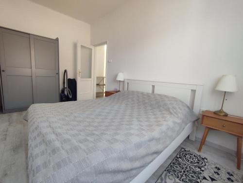 陶波尔曹Baross Apartman的白色卧室配有一张大床和一张桌子