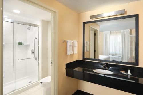 莫里斯维尔Fairfield Inn & Suites Raleigh Durham Airport Research Triangle Park的一间带水槽、淋浴和镜子的浴室