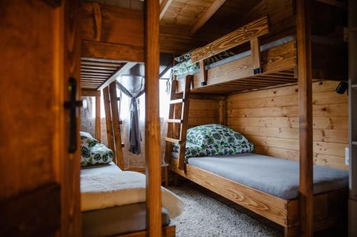 ŁazanyDomki na Górniej Łące - Domek Słowik的小屋内设有一间带两张双层床的卧室