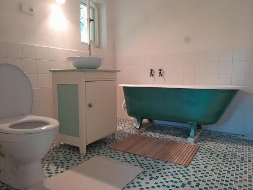 赫日布斯卡Zelený pokoj的浴室配有绿色浴缸和水槽