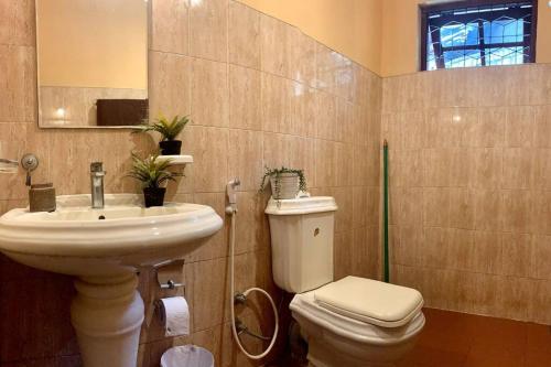 康提Dili's Home Stay的一间带水槽、卫生间和镜子的浴室