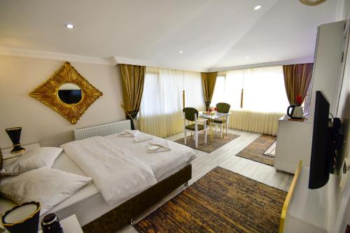 伊斯坦布尔Loca Suit的一间卧室配有一张床、一台电视和一张桌子