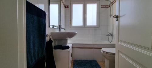 穆尔西亚Casa Rebecca, apartment with a poolview的一间带水槽和卫生间的浴室以及窗户。