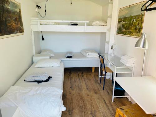 Trehörna特雷洪玛瓦德胡斯旅馆的小房间设有两张床和一张书桌