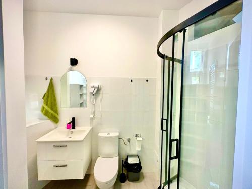波兹南Atlas' House的浴室配有卫生间、盥洗盆和淋浴。