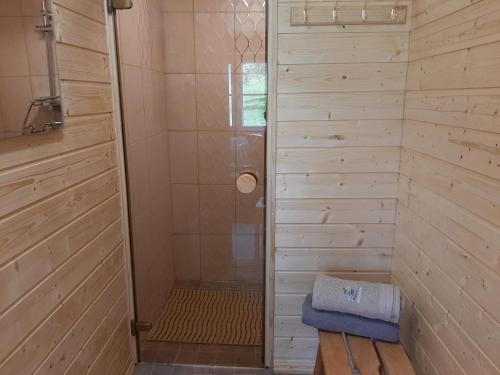 RaudsepaOtsa puhkemaja的浴室里设有玻璃门淋浴