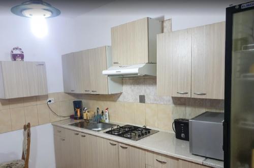 沃尔托普VILA DARIA的厨房配有木制橱柜和炉灶烤箱。