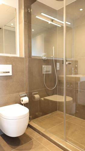 慕尼黑MUNICH FINEST APARTMENTS的一间带卫生间和玻璃淋浴间的浴室