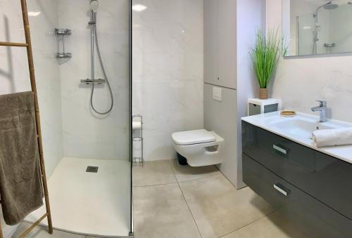 维琪奥港Appart T3 4 étoiles 4/6 personnes Porto Vecchio的带淋浴、卫生间和盥洗盆的浴室