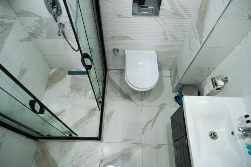 伊斯坦布尔hotel La Vitrine的带淋浴、卫生间和盥洗盆的浴室