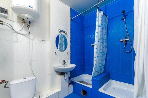 基辅HOSTEL 95的蓝色和白色的浴室设有卫生间和水槽