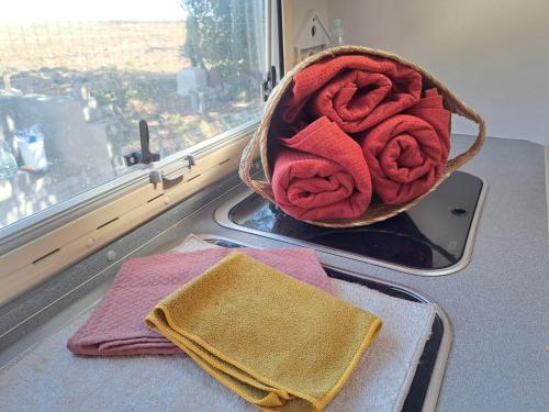 布吕热莱特Camping car à 3 minutes du parc Pairi Daiza的窗边的柜台上摆放着一篮毛巾
