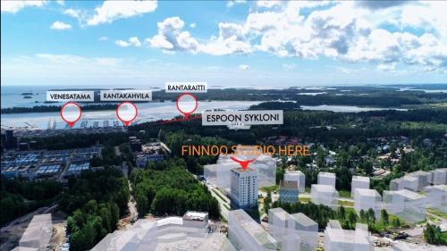 埃斯波studio Finnoo Espoo next to metro, easy to reach Helsinki and Otaniemi, Aalto的城市空中景观与街道标志