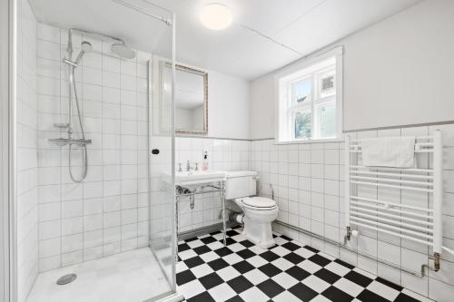 雷克雅未克Downtown Baldursbrá Holiday Home的白色的浴室设有卫生间和淋浴。