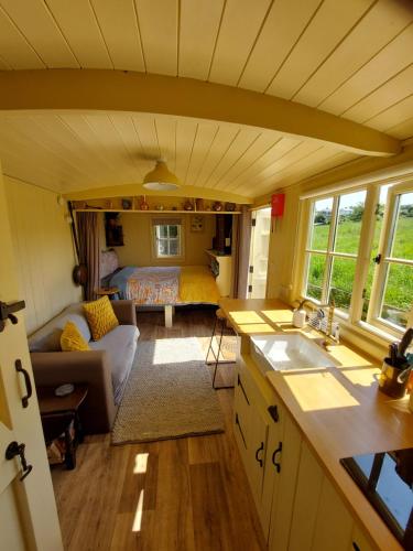 伍勒The Humble Hut的一间厨房和客厅,位于一个小房子里