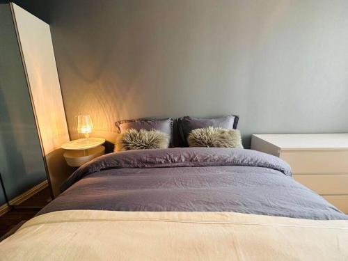 奥勒松Unik Jugend leilighet i sentrum的一间卧室配有一张大床和两个枕头