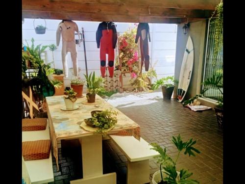 开普敦Room in BB - Zagorskis Bed and breakfast close to the beach and commodities的一间设有植物和冲浪板的桌子的房间
