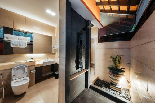 新加坡Kranji Sanctuary Resort的一间带卫生间和水槽的浴室