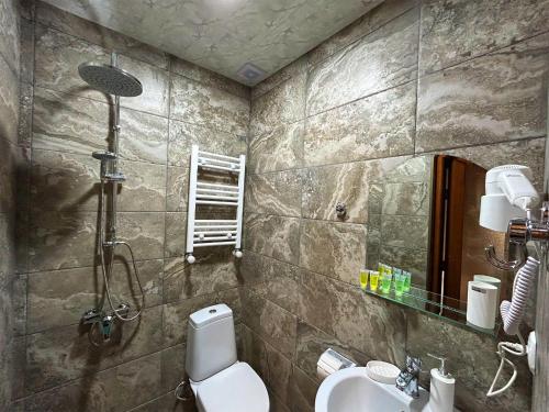 西格纳吉Hotel VIM in Sighnaghi的带淋浴、卫生间和盥洗盆的浴室