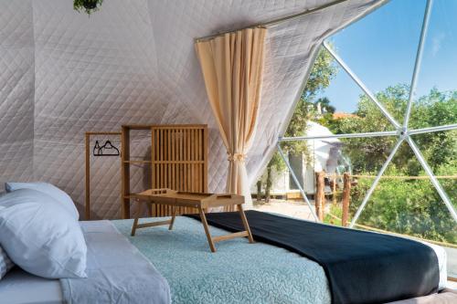 Rachesluxury dome tents ikaria ap'esso的一间卧室设有一张床和一个窗口