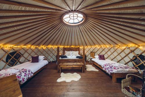 SheenScaldersitch Farm Boutique Camping Tipi with private wood fired hot tub的蒙古包设有两张床和一扇窗户
