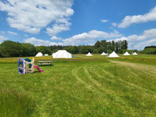 Corfe MullenDorset Glamping Fields的草地上带帐篷和游乐场的场地
