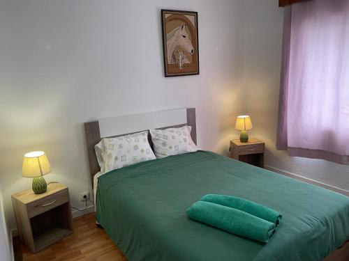 蓬塔德尔加达Espaço perto do aeroporto - Av João Paulo II , número 50 em Ponta Delgada的一间卧室配有一张带两盏灯的绿床。