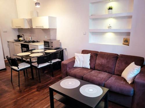 罗兹Rent-Apart City Center - apartament z 1 sypialnią的带沙发和桌子的客厅以及厨房。